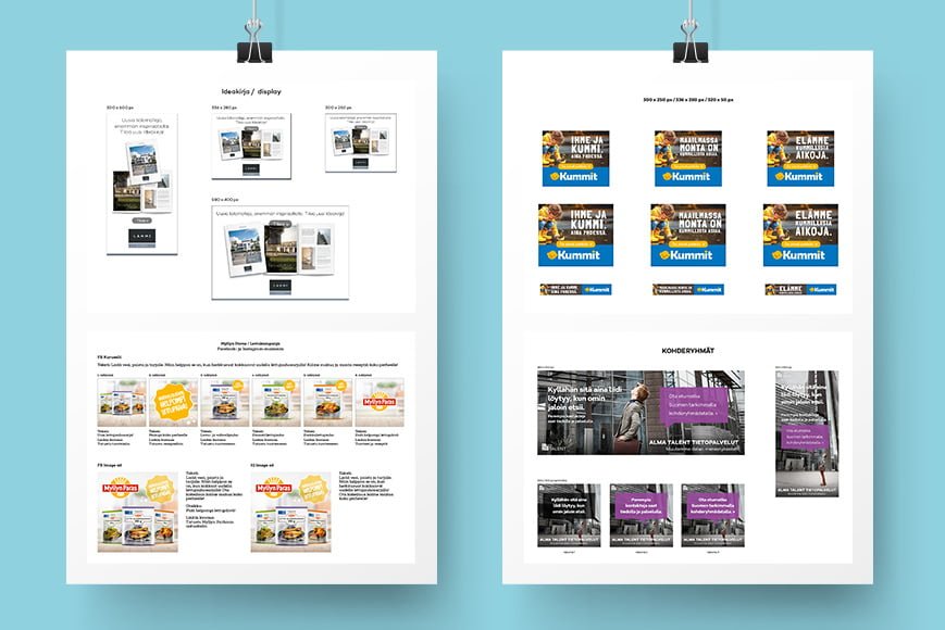 Visuaalinen suunnittelu digimarkkinoinnissa -artikkelin kuvituskuva, jossa erilaisia mainosmuotoja julistepohjalla.
