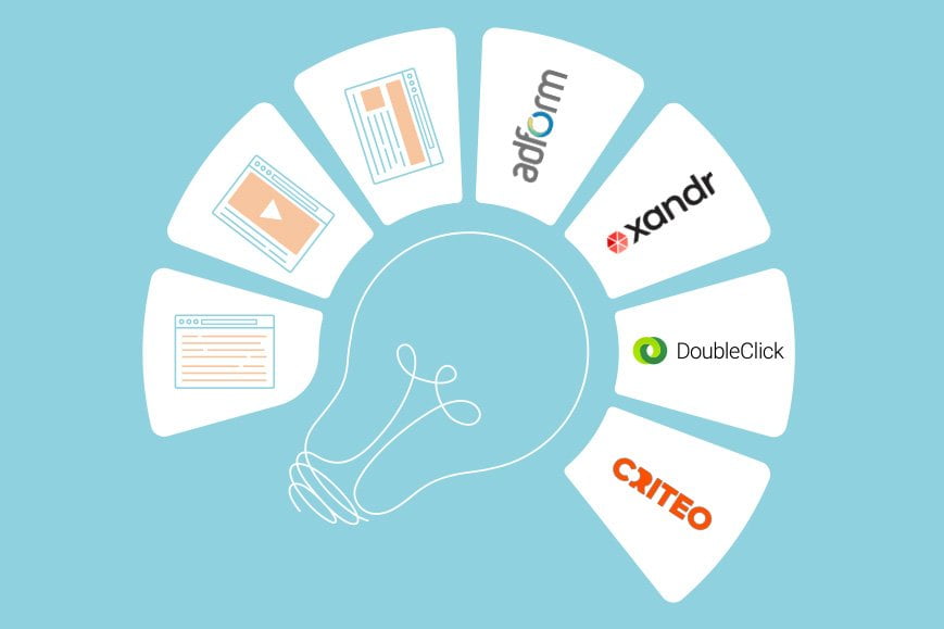 Ohjelmallinen ostaminen -palvelusivun kuvituskuva, jossa hehkulampun ympärillä on ohjelmallisten järjestelmien logoja.